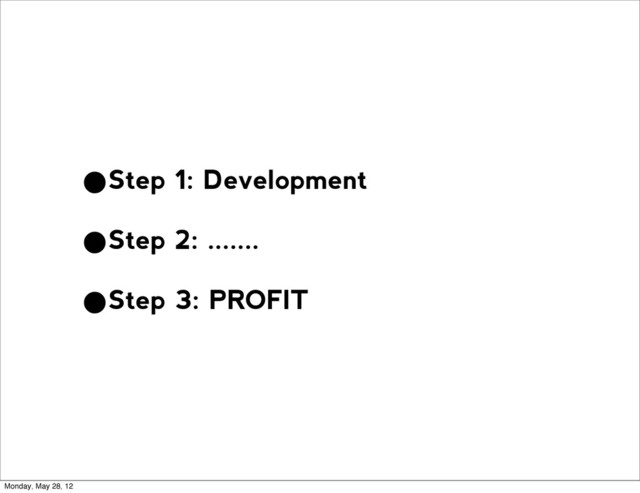 •Step 1: Development
•Step 2: .......
•Step 3: PROFIT
Monday, May 28, 12
