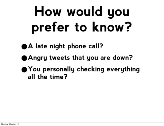 How would you
prefer to know?
•A late night phone call?
•Angry tweets that you are down?
•You personally checking everything
all the time?
Monday, May 28, 12
