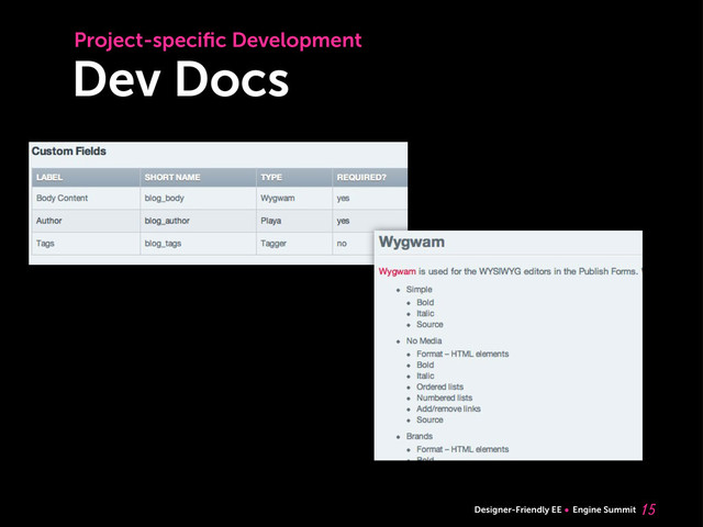 Designer-Friendly EE Engine Summit
Dev Docs

Project-speciﬁc Development
