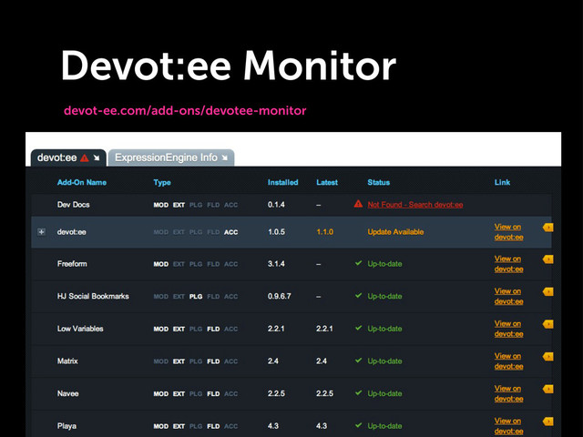 Designer-Friendly EE Engine Summit
Devot:ee Monitor

devot-ee.com/add-ons/devotee-monitor
