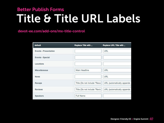 Designer-Friendly EE Engine Summit
Title & Title URL Labels

Better Publish Forms
devot-ee.com/add-ons/mx-title-control
