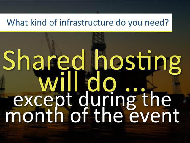 What3kind3of3infrastructure3do3you3need?
Shared3hosGng3
will3do3...3
except3during3the3
month3of3the3event
