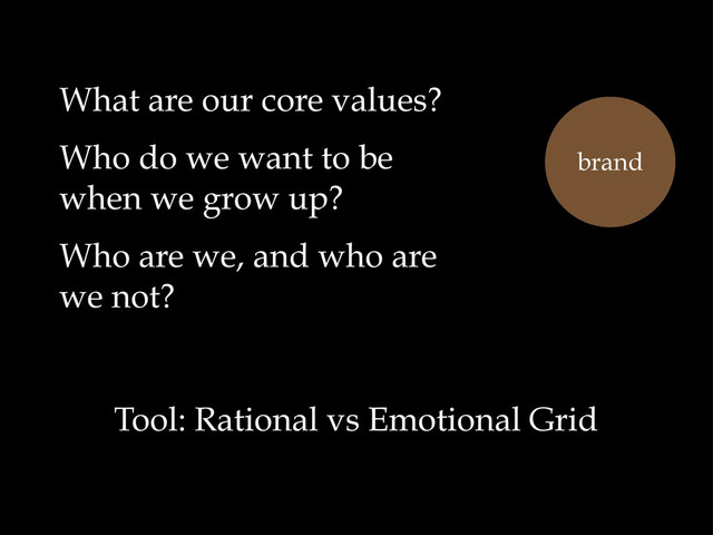 What are our core values?
Who do we want to be
when we grow up?
Who are we, and who are
we not?
Tool: Rational vs Emotional Grid
brand
