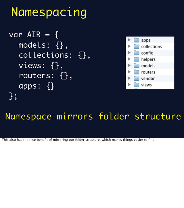 Namespacing
var AIR = {
models: {},
collections: {},
views: {},
routers: {},
apps: {}
};
Namespace mirrors folder structure
This also has the nice beneﬁt of mirroring our folder structure, which makes things easier to ﬁnd.
