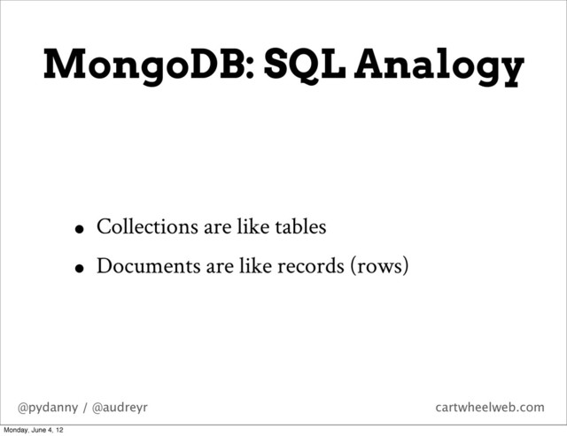 @pydanny / @audreyr cartwheelweb.com
MongoDB: SQL Analogy
• Collections are like tables
• Documents are like records (rows)
Monday, June 4, 12
