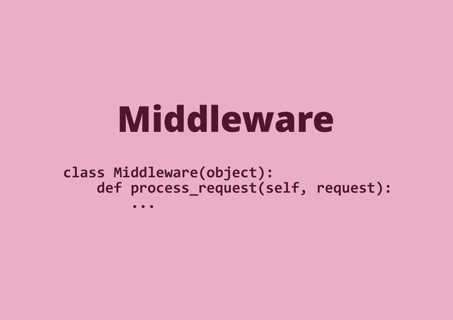 class Middleware(object):
def process_request(self, request):
...
Middleware
