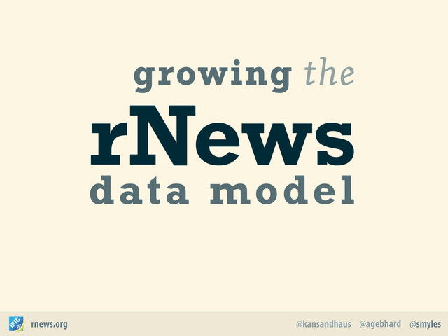 @agebhard
@kansandhaus @smyles
rnews.org
rNews
data model
growing the
