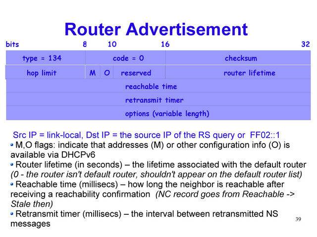 39
Router Advertisement
type = 134 code = 0 checksum
hop limit router lifetime
reserved
reachable time
retransmit timer
options (variable length)
bits 8 16 32
code = 0
O
M
10
Src IP = link-local, Dst IP = the source IP of the RS query or FF02::1
M,O flags: indicate that addresses (M) or other configuration info (O) is
available via DHCPv6
Router lifetime (in seconds) – the lifetime associated with the default router
(0 - the router isn't default router, shouldn't appear on the default router list)
Reachable time (millisecs) – how long the neighbor is reachable after
receiving a reachability confirmation (NC record goes from Reachable ->
Stale then)
Retransmit timer (millisecs) – the interval between retransmitted NS
messages
