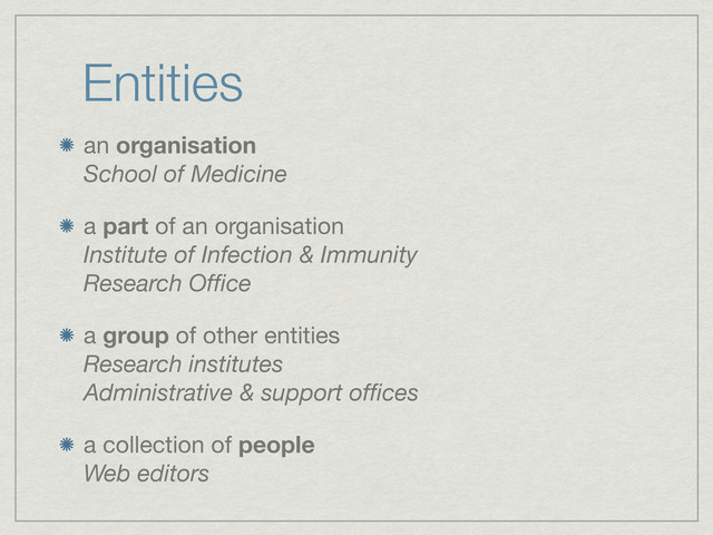 Entities
an organisation
School of Medicine
a part of an organisation
Institute of Infection & Immunity
Research Ofﬁce
a group of other entities
Research institutes
Administrative & support ofﬁces
a collection of people
Web editors
