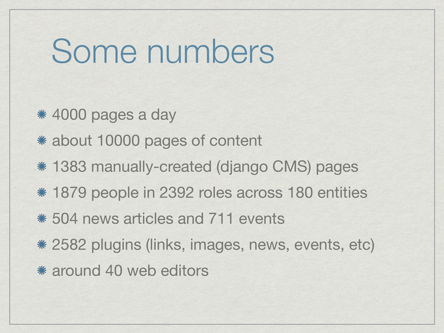 Some numbers
4000 pages a day
about 10000 pages of content
1383 manually-created (django CMS) pages
1879 people in 2392 roles across 180 entities
504 news articles and 711 events
2582 plugins (links, images, news, events, etc)
around 40 web editors
