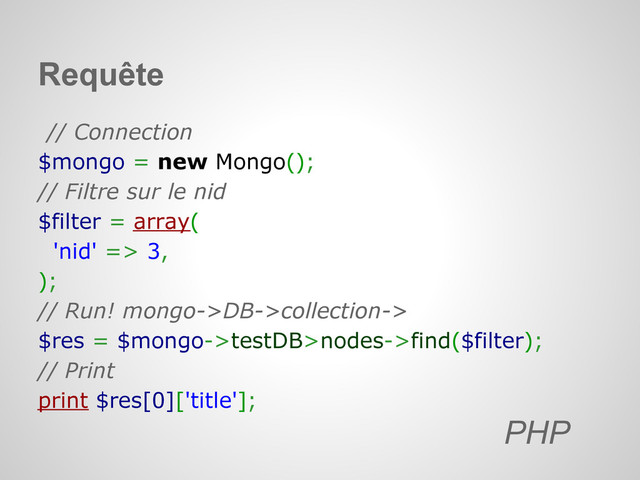 // Connection
$mongo = new Mongo();
// Filtre sur le nid
$filter = array(
'nid' => 3,
);
// Run! mongo->DB->collection->
$res = $mongo->testDB>nodes->find($filter);
// Print
print $res[0]['title'];
PHP
Requête
