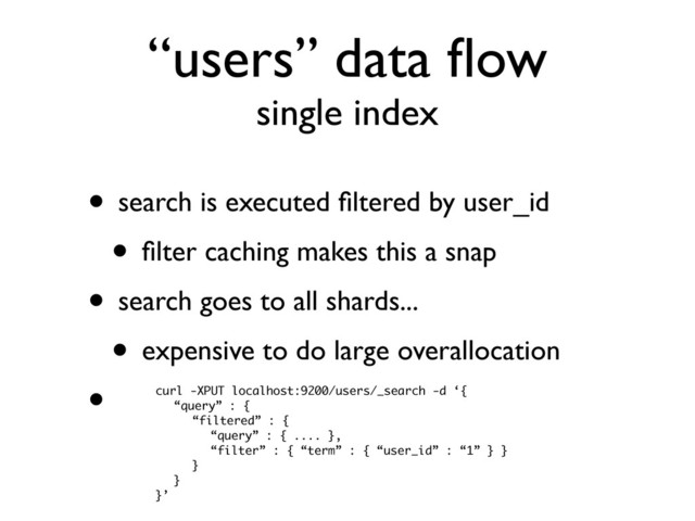 “users” data ﬂow
single index
• search is executed ﬁltered by user_id
• ﬁlter caching makes this a snap
• search goes to all shards...
• expensive to do large overallocation
• curl -XPUT localhost:9200/users/_search -d ‘{
“query” : {
“filtered” : {
“query” : { .... },
“filter” : { “term” : { “user_id” : “1” } }
}
}
}’
