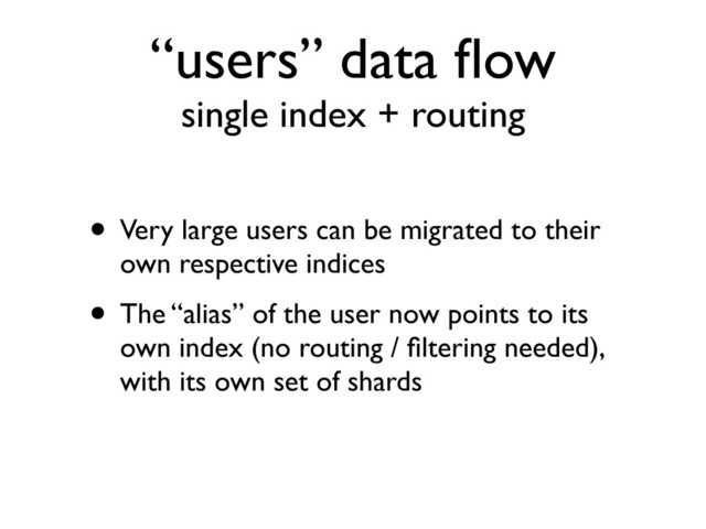 “users” data ﬂow
single index + routing
• Very large users can be migrated to their
own respective indices
• The “alias” of the user now points to its
own index (no routing / ﬁltering needed),
with its own set of shards
