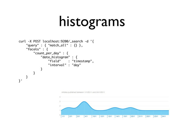 histograms
curl -X POST localhost:9200/_search -d '{
"query" : { "match_all" : {} },
"facets" : {
"count_per_day" : {
"date_histogram" : {
"field" : "timestamp",
"interval" : "day"
}
}
}
}'
