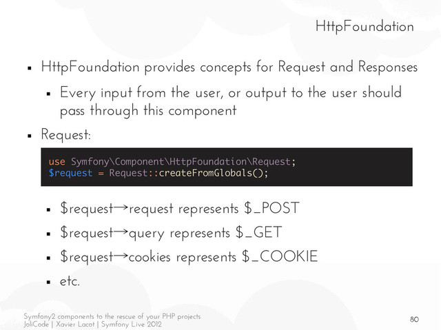 80
Symfony2 components to the rescue of your PHP projects
JoliCode | Xavier Lacot | Symfony Live 2012
HttpFoundation
■ HttpFoundation provides concepts for Request and Responses
■ Every input from the user, or output to the user should
pass through this component
■ Request:
■ $request→request represents $_POST
■ $request→query represents $_GET
■ $request→cookies represents $_COOKIE
■ etc.
use Symfony\Component\HttpFoundation\Request;
$request = Request::createFromGlobals();
