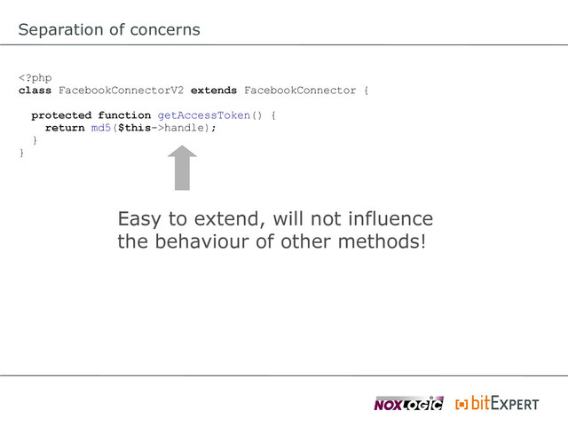 Separation of concerns
handle);
}
}
Easy to extend, will not influence
the behaviour of other methods!
