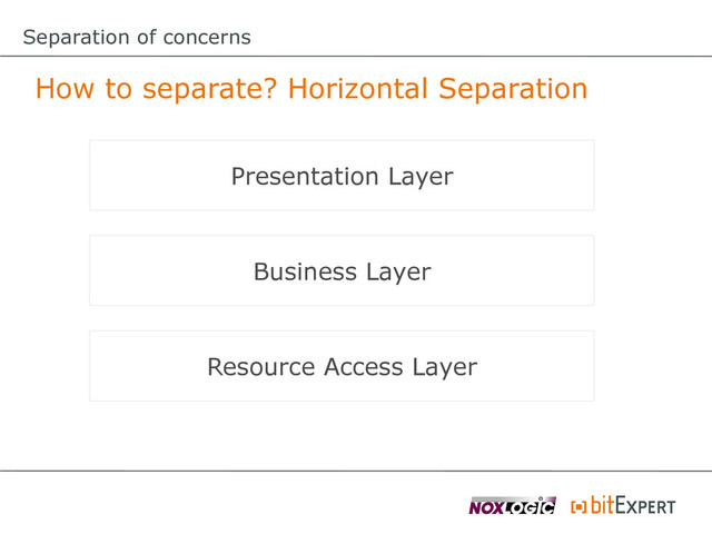 Separation of concerns
How to separate? Horizontal Separation
Presentation Layer
Business Layer
Resource Access Layer
