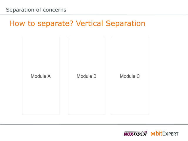 Separation of concerns
How to separate? Vertical Separation
Module A Module B Module C

