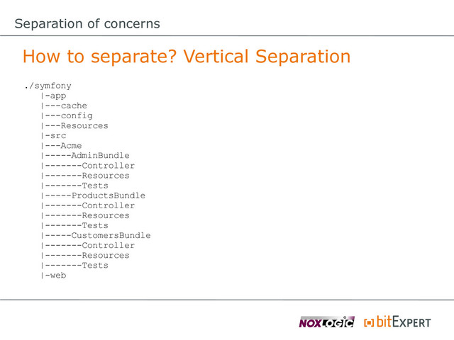 Separation of concerns
How to separate? Vertical Separation
./symfony
|-app
|---cache
|---config
|---Resources
|-src
|---Acme
|-----AdminBundle
|-------Controller
|-------Resources
|-------Tests
|-----ProductsBundle
|-------Controller
|-------Resources
|-------Tests
|-----CustomersBundle
|-------Controller
|-------Resources
|-------Tests
|-web

