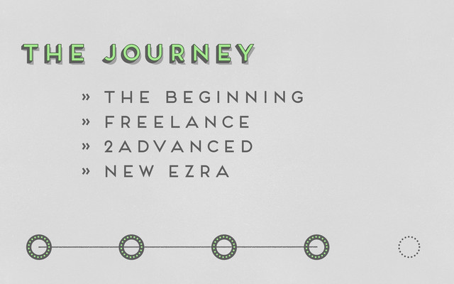 o
o o
o o o
o o
o
the journey
The Journey
the journey
the journey
» The beginning
» freelance
» 2Advanced
» New Ezra
