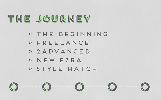 o o
o o
o o o
o o
o
the journey
The Journey
the journey
the journey
» The beginning
» freelance
» 2Advanced
» New Ezra
» Style Hatch

