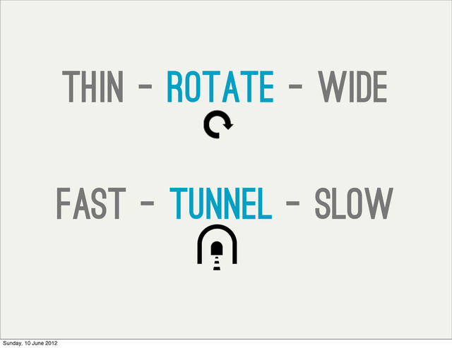 thin - rotate - wide
fast - tunnel - slow
Sunday, 10 June 2012

