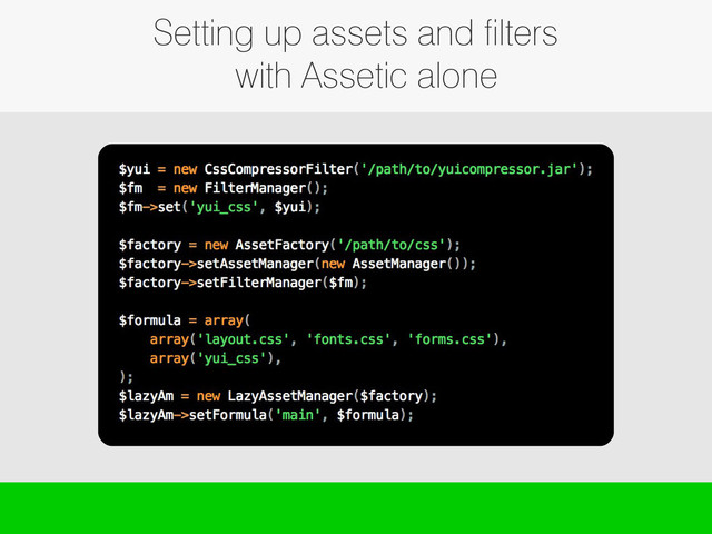 Setting up assets and filters
with Assetic alone
