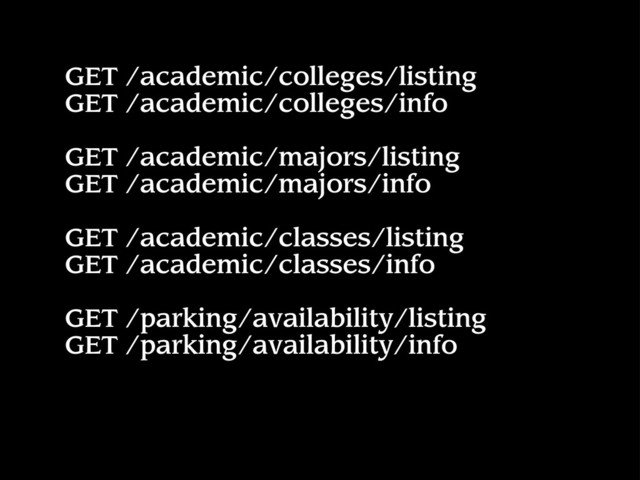 GET /academic/colleges/listing
GET /academic/colleges/info
GET /academic/majors/listing
GET /academic/majors/info
GET /academic/classes/listing
GET /academic/classes/info
GET /parking/availability/listing
GET /parking/availability/info
