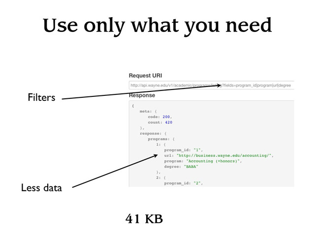 Use only what you need
Filters
Less data
41 KB
