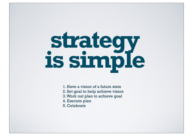 strategy
is simple
1. Have a vision of a future state
2. Set goal to help achieve vision
3. Work out plan to achieve goal
4. Execute plan
5. Celebrate

