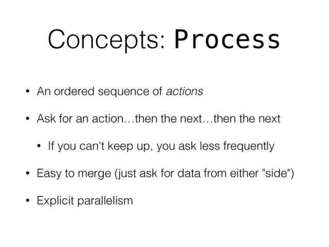Concepts: Process
• An ordered sequence of actions
• Ask for an action…then the next…then the next
• If you can't keep up, you ask less frequently
• Easy to merge (just ask for data from either "side")
• Explicit parallelism
