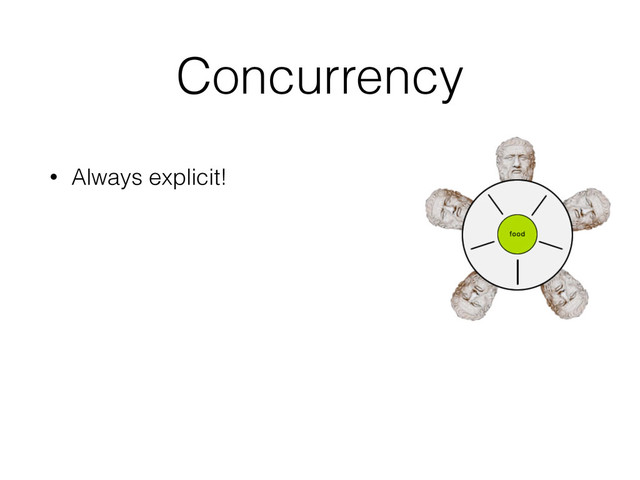 Concurrency
• Always explicit!
