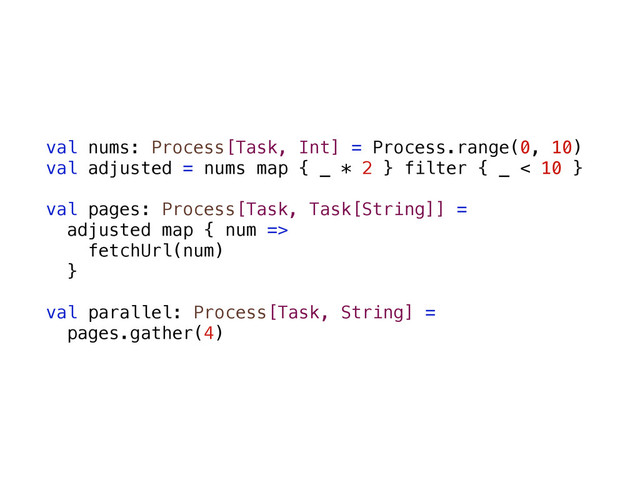 val nums: Process[Task, Int] = Process.range(0, 10)
val adjusted = nums map { _ * 2 } filter { _ < 10 }
val pages: Process[Task, Task[String]] =
adjusted map { num =>
fetchUrl(num)
}
val parallel: Process[Task, String] =
pages.gather(4)
