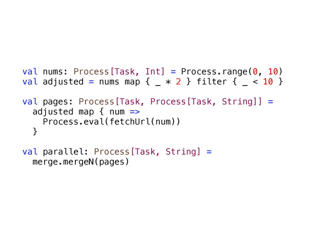 val nums: Process[Task, Int] = Process.range(0, 10)
val adjusted = nums map { _ * 2 } filter { _ < 10 }
val pages: Process[Task, Process[Task, String]] =
adjusted map { num =>
Process.eval(fetchUrl(num))
}
val parallel: Process[Task, String] =
merge.mergeN(pages)
