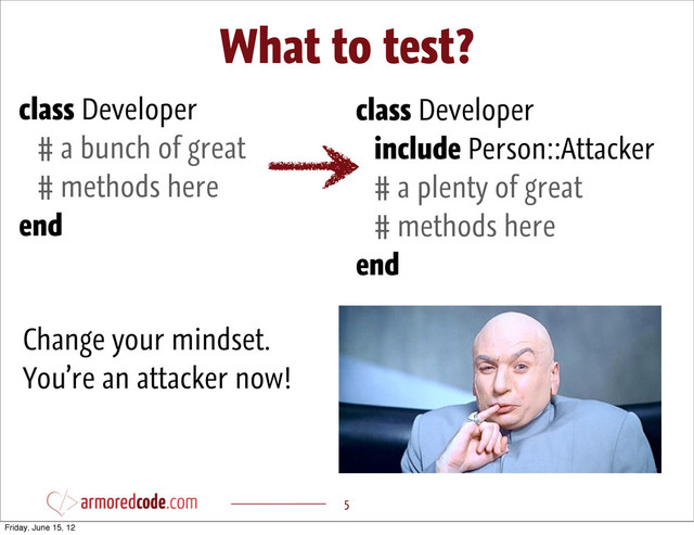 What to test?
5
class Developer
# a bunch of great
# methods here
end
class Developer
include Person::Attacker
# a plenty of great
# methods here
end
Change your mindset.
You’re an attacker now!
Friday, June 15, 12
