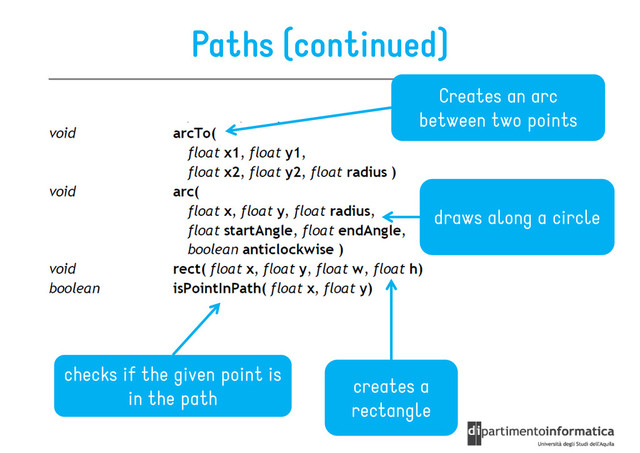 Paths (continued)
Creates an arc
between two points
draws along a circle
creates a
rectangle
checks if the given point is
in the path
