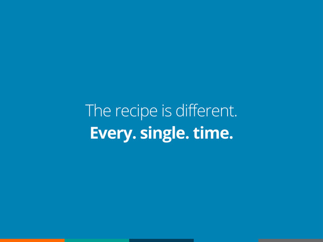 The recipe is different.
Every. single. time.
