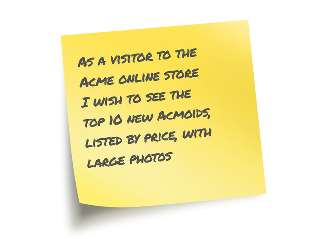 As a visitor to the
Acme online store
I wish to see the
top 10 new Acmoids,
listed by price, with
large photos
