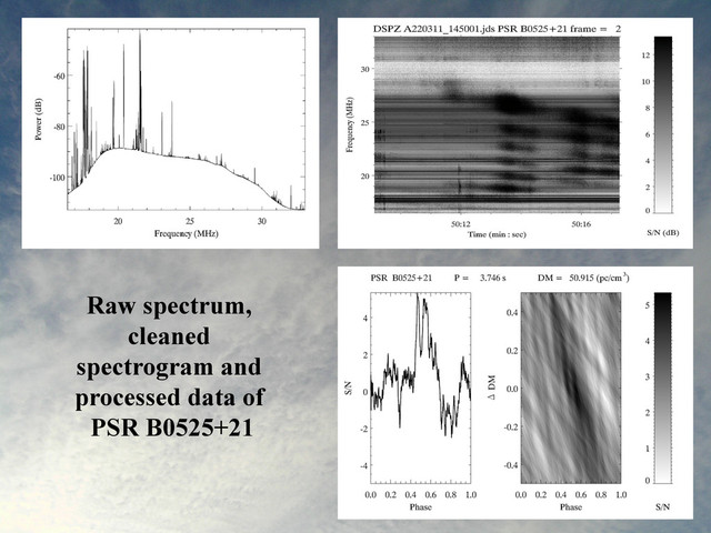 13
Raw spectrum,
cleaned
spectrogram and
processed data of
PSR B0525+21
