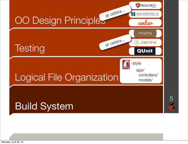 Build System
5
OO Design Principles
Build System
et cetera...
Testing
Logical File Organization
Build System
-style
app/
controllers/
models/
et cetera...
Saturday, June 23, 12
