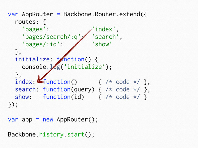 var AppRouter = Backbone.Router.extend({
routes: {
'pages': 'index',
'pages/search/:q': 'search',
'pages/:id': 'show'
},
initialize: function() {
console.log('initialize');
},
index: function() { /* code */ },
search: function(query) { /* code */ },
show: function(id) { /* code */ }
});
var app = new AppRouter();
Backbone.history.start();
