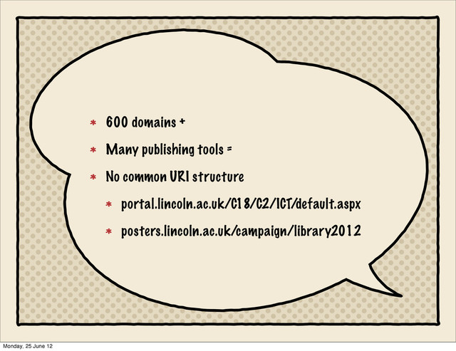 600 domains +
Many publishing tools =
No common URI structure
portal.lincoln.ac.uk/C18/C2/ICT/default.aspx
posters.lincoln.ac.uk/campaign/library2012
Monday, 25 June 12
