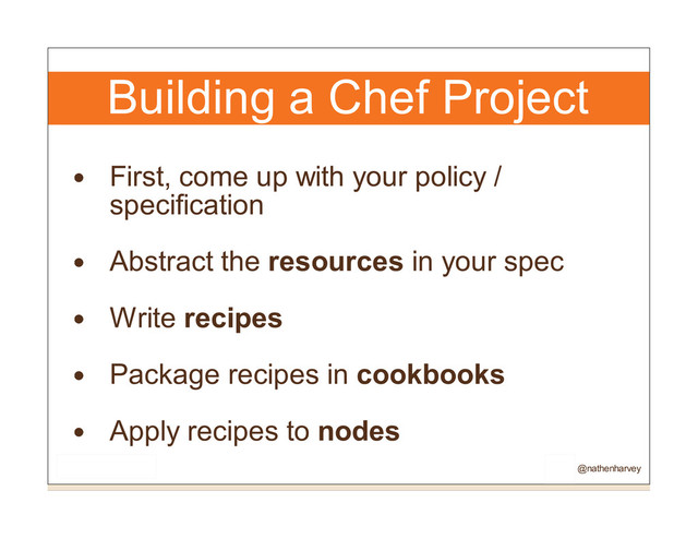 Building a Chef Project
First, come up with your policy /
specification
Abstract the resources in your spec
Write recipes
Package recipes in cookbooks
Apply recipes to nodes
@nathenharvey
