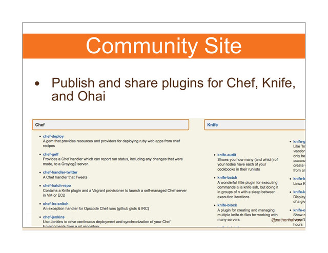 Community Site
Publish and share plugins for Chef, Knife,
and Ohai
@nathenharvey

