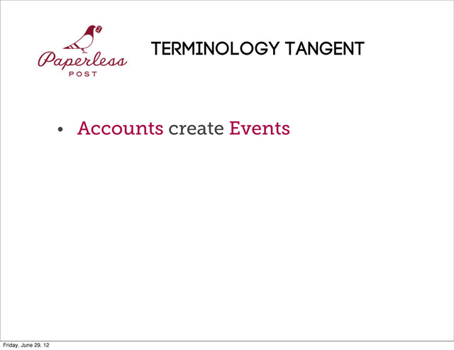 • Accounts create Events
Terminology TANGENT
Friday, June 29, 12
