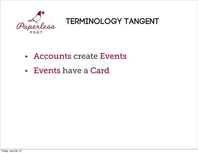 • Accounts create Events
• Events have a Card
Terminology TANGENT
Friday, June 29, 12
