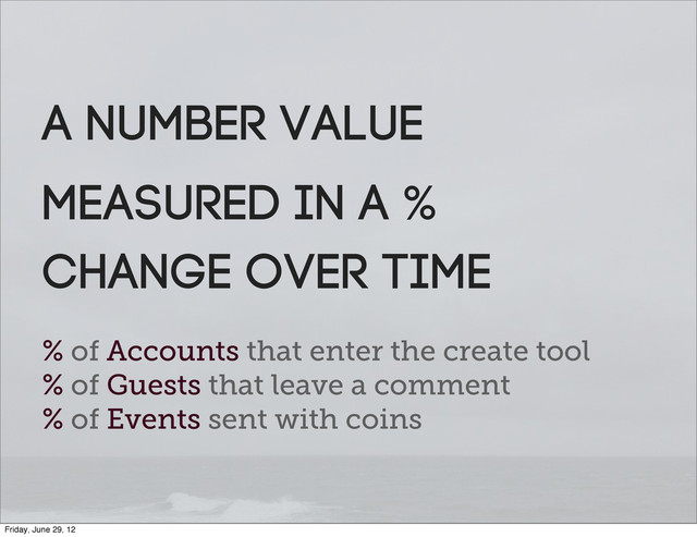 % of Accounts that enter the create tool
% of Guests that leave a comment
% of Events sent with coins
A number value
measured in a %
change over time
Friday, June 29, 12
