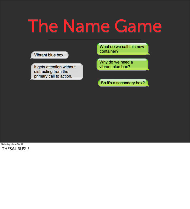 The Name Game
Saturday, June 30, 12
THESAURUS!!!
