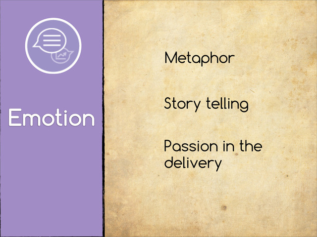 Emotion
Metaphor
Story telling
Passion in the
delivery
