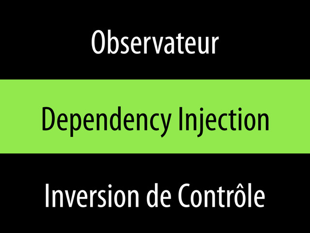 Observateur
Dependency Injection
Inversion de Contrôle
